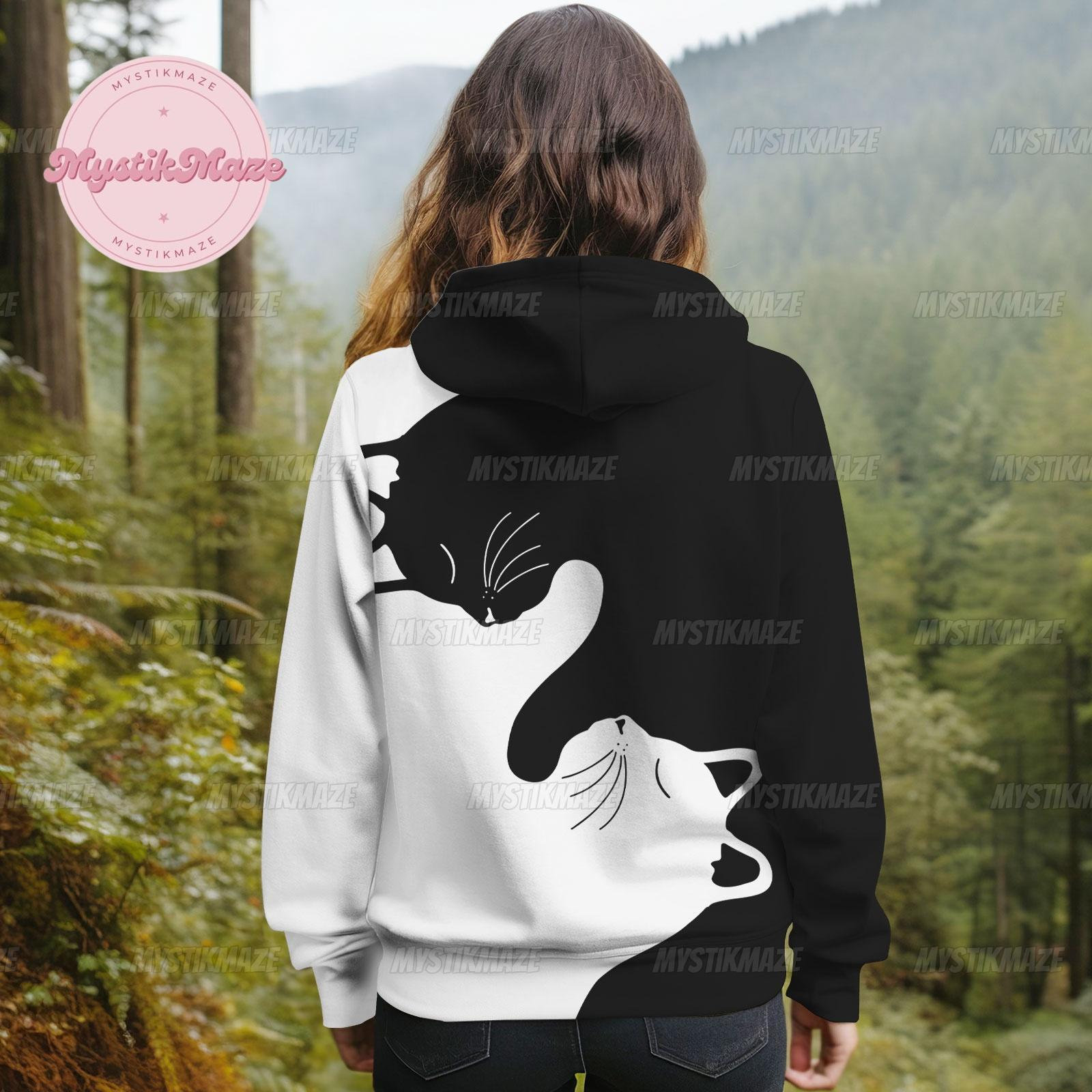 Cat Hoodie, Black White Cat Hoodie, Funny Cat Adult Hoodie