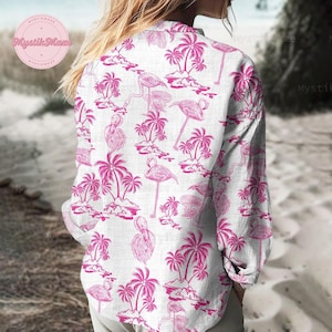 Flamingo Linen Shirt, Flamingo Coconut Linen Shirt, Flamingo Button Up Shirt, Flamingo Coconut Shirt, Flamingo Linen Blouse, Funny Gift