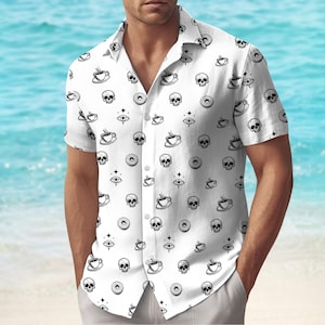 Skull Coffee Donut Button Shirt, Cool Gothic Hawaiian Shirt, Skeleton Summer Outfit, Family Vacation Shirt, Halloween Party Gift
