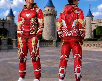 Costume Iron Man Marvel Avengers : pantalon de jogging à capuche zippé, tenue de cosplay d'Halloween, t-shirt Iron Man, t-shirt assorti pour toute la famille