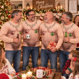 Hairy Chest Tattoos Bulbs Ugly Christmas Sweater, Hairy Belly Xmas Sweater, Hairy Fat Beard Holiday Sweater, Couple Christmas Gifts