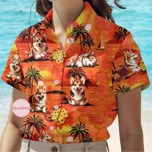 Corgi Button Shirt, Sunset Corgi Hawaiian Shirt, Cute Dog Shirt, Animal Summer Shirt, Family Vacation Shirt, Pet Lovers Gift