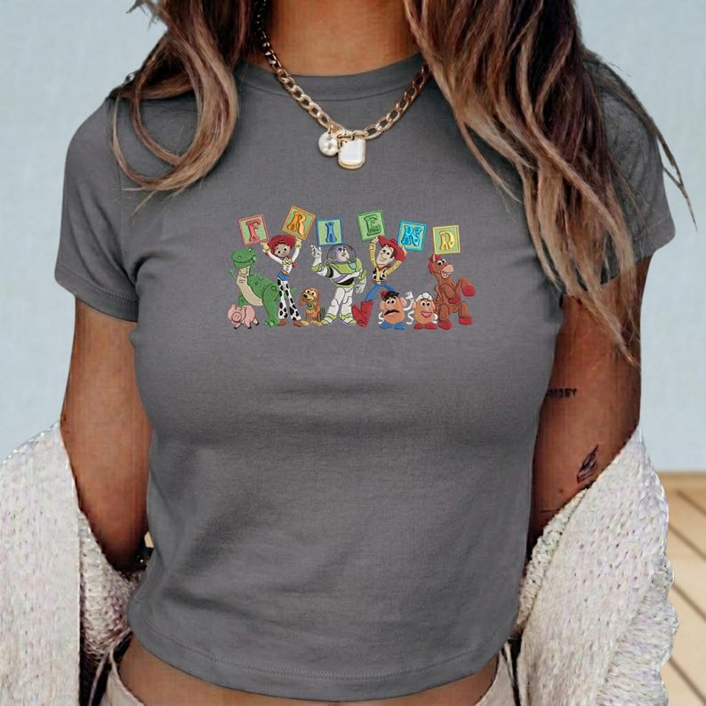Retro Toy Story 5 Embroidered Baby Tee, Woody Buzz Jessie Rex Tee, Vintage Toy Story Friends Top, 2026 Disney Pixar Fest Family Trip