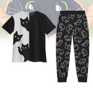 黒猫のレディースパジャマ、面白い猫のパジャマセット、かわいい動物のTシャツ、パーティー用の家族用パジャマ、黒猫の真夜中のシャツ、猫好きへのギフト