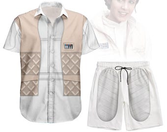 Camisa con botones para disfraz de Leia Organa, pantalones cortos para hombre, camisa hawaiana de Star Wars, cosplay de la princesa Leia, camisa con botones del Mandaloriano, regalo de Halloween