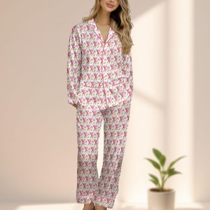 Pink Monkey Satin Pajama Set, Cute Cartoon Animal Sleepwear, Long Sleeve Fun Loungewear, Pink Monkey Women Pjs, Gift For Her