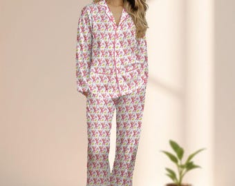 Pink Monkey Satin Pajama Set, Cute Cartoon Animal Sleepwear, Long Sleeve Fun Loungewear, Pink Monkey Women Pjs, Gift For Her