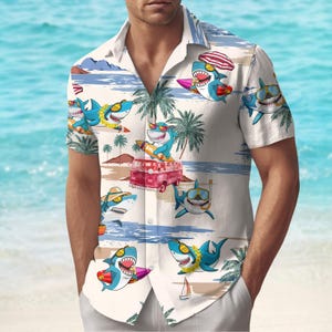 Chemise bouton requin drôle, chemise hawaïenne de surf de plage d'été, chemise de fête océan dessin animé cool, tenue de vacances en famille, cadeau pour lui