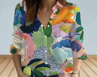 Colorful Abstract Shirt, Bold Floral Women Blouse, Statement Boho Shirt, Tropical Garden Top, Resort Wear, Casual Outfit, Gift For Her