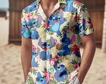 Camisa con botones de Stitch, pantalones cortos para hombre, divertida camisa hawaiana de la película Lilo y Stitch, camisa playera, camisa tropical de dibujos animados, vacaciones en Disney