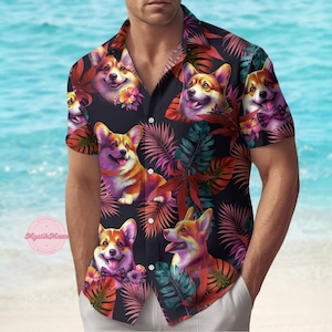 Corgi Button Shirt, Tropical Corgi Hawaiian Shirt, Cute Dog Shirt, Animal Summer Shirt, Family Vacation Shirt, Pet Lovers Gift