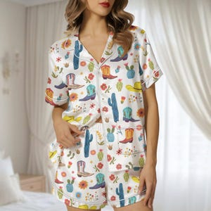 Western Boots Satin Pajamas Short Set, Cute Cowboy Hat And Cactus Sleepwear Set, Boho Summer Lounge Set For Women, Gift For Her