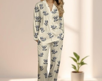 Cute Raccoon Satin Pajama Set For Women, Funny Animal Sleepwear, Cozy Wildlife Loungewear, Matching Pajamas Set, Gift For Her