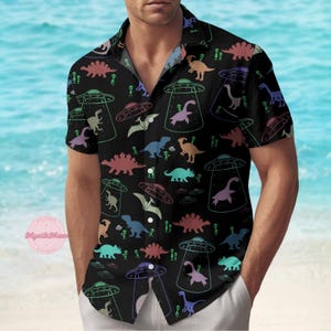Alien And Dinosaur Button Up Shirt, Dino Hawaiian Shirt, Tropical Short Sleeve Shirt, Family Vacation Shirt, Gift For Women And Men