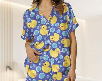 Cute Duck Satin Pajamas Short Set, Funny Duck Sleepwear For Women, Cute Animal Matching Pajamas Set, Bath Time Duck Pjs, Gift For Her
