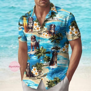 Bernese Mountain Button Shirt, Cute Dog Hawaiian Shirt, Tropical Summer Tee, Funny Animal Shirt, Family Vacation Shirt, Pet Lovers Gift