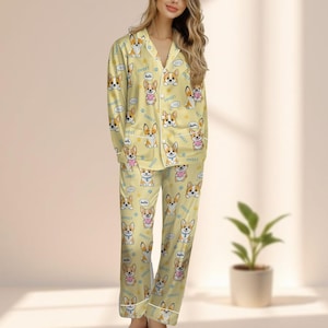Cute Corgi Dog Satin Pajamas Set, Yellow Sweet Puppy Sleepwear, Funny Kawaii Pet Lover Pjs, Cozy Animal Loungewear, Gift For Her