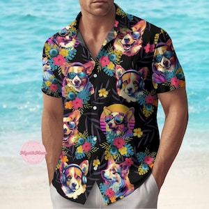 Corgi Button Shirt, Tropical Corgi Shirt, Cute Dog Hawaiian Shirt, Animal Summer Shirt, Family Vacation Shirt, Pet Lovers Gift