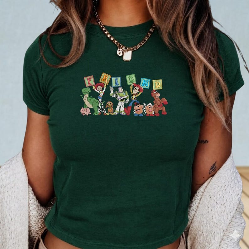 Retro Toy Story 5 Embroidered Baby Tee, Woody Buzz Jessie Rex Tee, Vintage Toy Story Friends Top, 2026 Disney Pixar Fest Family Trip