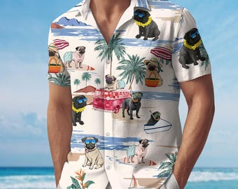 Pug Button Shirt, Funny Dog Hawaiian Shirt, Cute Animal Shirt For Men, Family Vacation Shirt, Tropical Summer Shirt, Pet Lovers Gift
