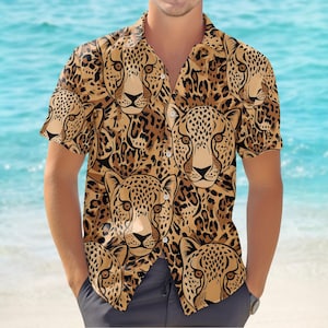 Leopard Button Shirt, Safari Hawaiian Shirt, Nature Lovers Summer Shirt, Animal Aloha Shirt, Family Vacation Shirt, Gift For Him