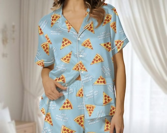 Funny Pizza Satin Pajamas Short Set, Cute Summer Sleepwear Set For Women, Lightweight Lounge Set, Cozy Satin Pjs, Food Lover Gift