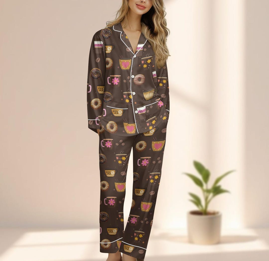 Latte Coffee and Donut Satin Pajama Set, Cute Breakfast Sleepwear, Cozy ...