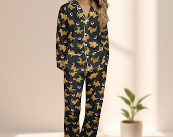 Pijama de satén con forma de nuggets de dinosaurio, divertido pijama de nuggets de pollo, adorable pijama de dinosaurio para estar en casa, acogedor pijama a juego para amantes de la comida, regalo divertido