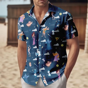 May include: Navy blue short-sleeved shirt with a repeating pattern of cartoon characters, clouds, and lightning bolts. The shirt has a classic collar and is made of a lightweight fabric. The design features characters from a popular animated film.