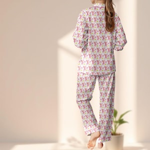 Pink Monkey Satin Pajama Set, Cute Cartoon Animal Sleepwear, Long Sleeve Fun Loungewear, Pink Monkey Women Pjs, Gift For Her