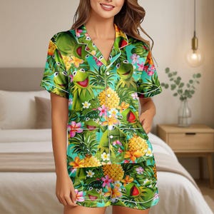 The Muppets Kermit The Frog Satin Pajamas Set, Disney Kermit The Frog Short Pajamas, The Muppets Disney Women Pajamas, Tv Show Shirt