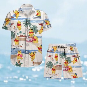 Camisa con botones de Winnie The Pooh, linda camisa hawaiana con oso, camisa de película de dibujos animados para hombres, camisa de viaje de Disney, camisa corta de Hawái, regalo para fanáticos