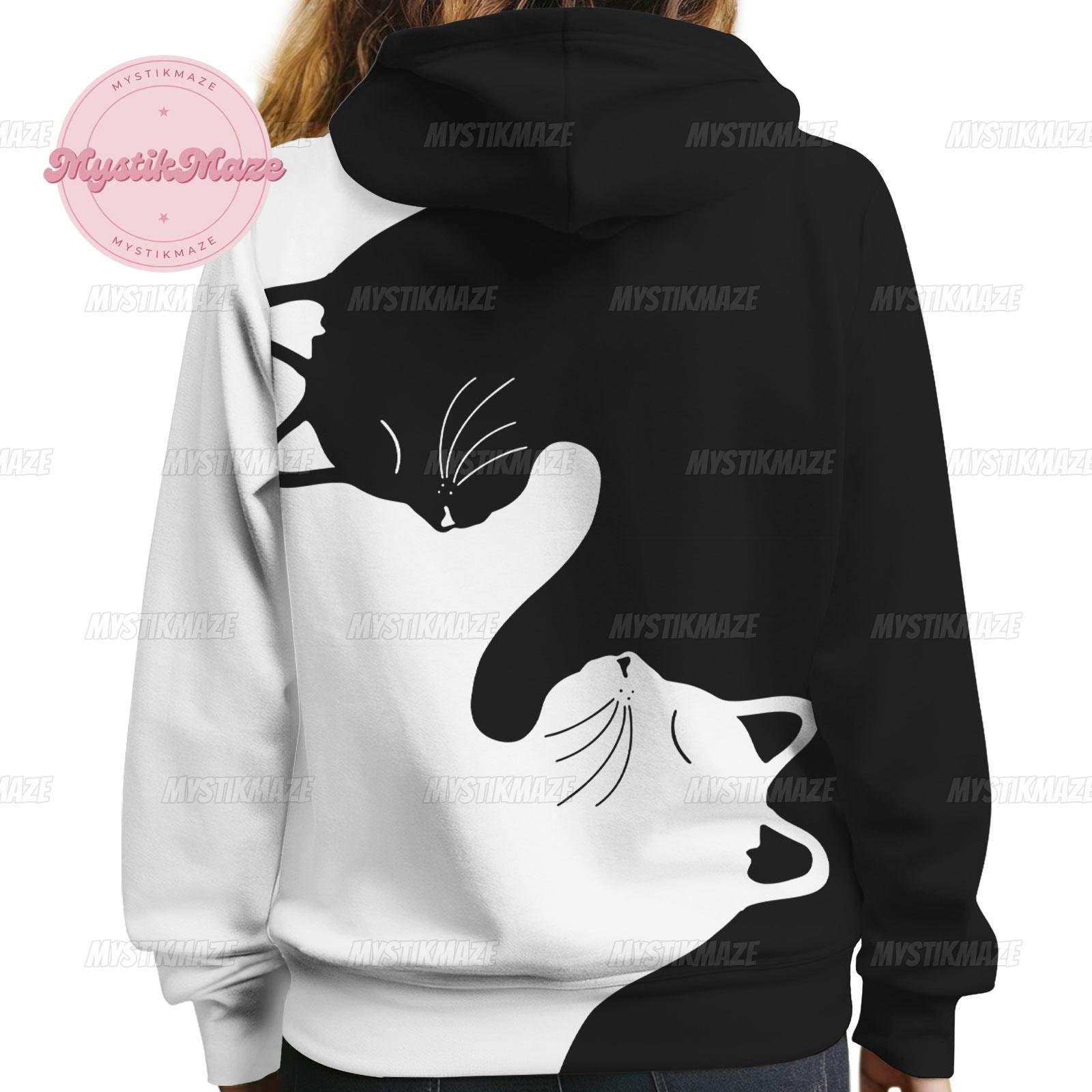 Cat Hoodie, Black White Cat Hoodie, Funny Cat Adult Hoodie, Cat 3D ...