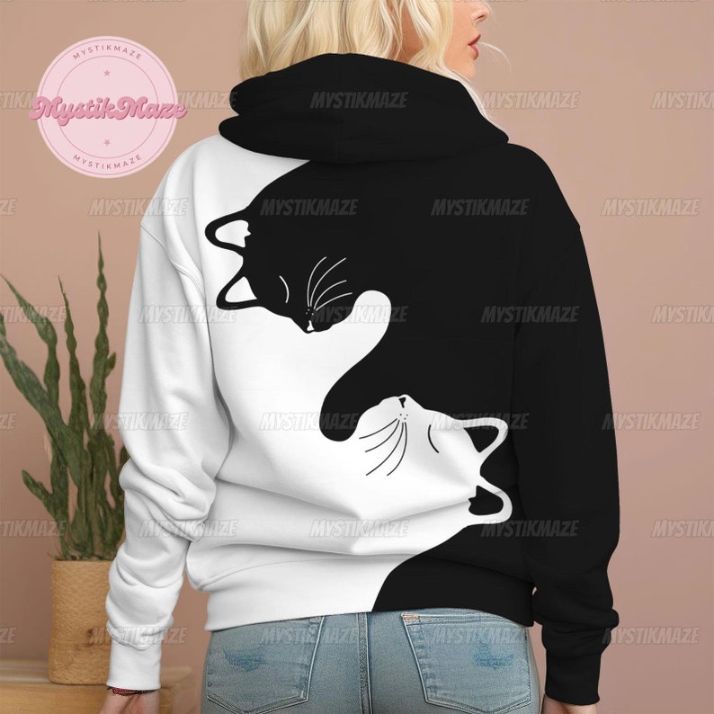 Cat Hoodie, Black White Cat Hoodie, Funny Cat Adult Hoodie, Cat 3D ...