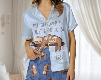 Funny Sloth Satin Pajamas Short Set, Spirit Animal Sleepwear, Lazy Quote Pajamas, Cute Satin Loungewear, Sloth Lover Gift For Her