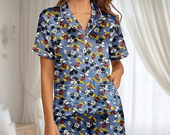 Vintage satijnen pyjamaset Mickey Mouse, leuke retro Disney-nachtkleding, bijpassende pyjama's van Magic Kingdom, Disney-pyjama voor dames, cadeau voor haar