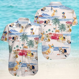 Cute Corgi Button Shirt, Funny Dog Hawaiian Shirt, Animal Shirt, Short Sleeve Shirt, Family Vacation Summer Shirt, Pet Lovers Gift