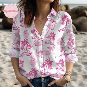 Flamingo Linen Shirt, Flamingo Coconut Linen Shirt, Flamingo Button Up Shirt, Flamingo Coconut Shirt, Flamingo Linen Blouse, Funny Gift