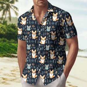 Corgi Button Shirt, Corgi Hawaiian Shirt, Cute Dog Summer Shirt, Funny Animal Aloha Shirt, Family Vacation Shirt, Pet Lovers Gift