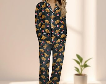Pijama de satén con forma de dinosaurio, divertido pijama de nuggets de pollo con kétchup, pijama negro para amantes de la comida, pijama acogedor para mujer, regalo para ella