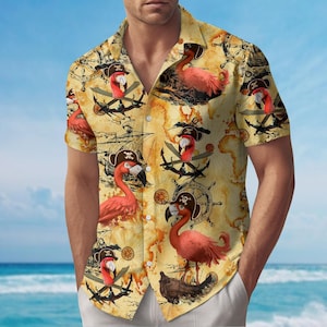 Flamingo Pirate Button Shirt, Pink Birds Hawaiian Shirt, Fantasy Summer Shirt, Nature Lovers Shirt, Family Vacation Shirt, Gift For Him