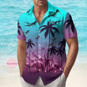 Dinosaur Button Shirt, Dinosaur Hawaiian Shirt, Tropical Short Sleeve Gifts, Dino Shirt For Men, Family Vacation Shirt, Gift For Him