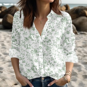Green Floral Women Blouse, Cottagecore Botanical Shirt, Minimal Garden Top, Elegant Boho Shirt, Casual Top, Resort Outfit, Gift For Her