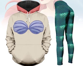 Disney Ariel Princess Costume Hoodie/Leggings, Little Mermaid Cosplay, Disneybound Shirt, Halloween Hoodie For Women, Gift For Her