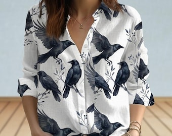 Vintage Crow Vogel Frauen Shirt, Aquarell Crow Bluse Shirt, Crow Vogel Muster Langarm Bluse, Vogel-Liebhaber Geschenk, Tier Casual Top