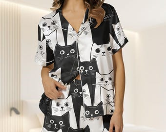 Black And White Cat Satin Pajamas Short Set, Cute Cat Sleepwear For Women, Matching Pjs, Cartoon Cat Holiday Pajamas, Cat Lovers Gift