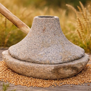 Könnte beinhalten: Eine Steinmühle mit konischem Aufsatz und rundem Sockel. Die Mühle besteht aus gesprenkeltem, grauem Stein und liegt auf einem Bett aus Weizenkörnern. Ein Holzgriff liegt auf der Mühle, was auf die Verwendung zum Mahlen von Getreide hindeutet.