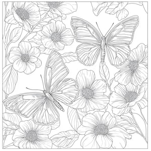 Peut inclure: Illustration en noir et blanc de deux papillons et de plusieurs fleurs. Les papillons ont des motifs d'ailes détaillés et les fleurs ont de multiples pétales. L'image est adaptée au coloriage ou comme motif décoratif.
