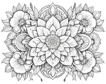 May include: Black and white floral mandala design. The image features a central flower surrounded by other flowers and leaves. The design is intricate and detailed, suitable for coloring or decorative purposes.