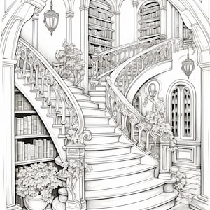 May include: A black and white line drawing of a grand staircase in a library. The staircase has ornate railings and is surrounded by bookshelves filled with books. There are plants on either side of the staircase.